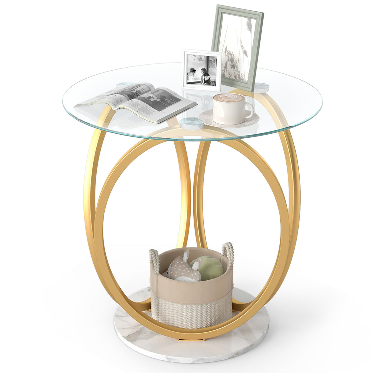 Round End Table Faux Marble Side Table with Tempered Glass Tabletop-Gold
