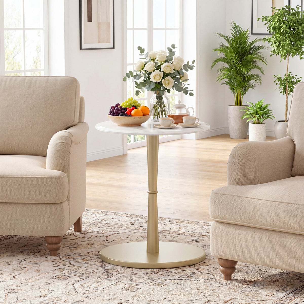 Round Marble Side Table with Stone Finish and Wooden Base for Small Spaces-White and Gold