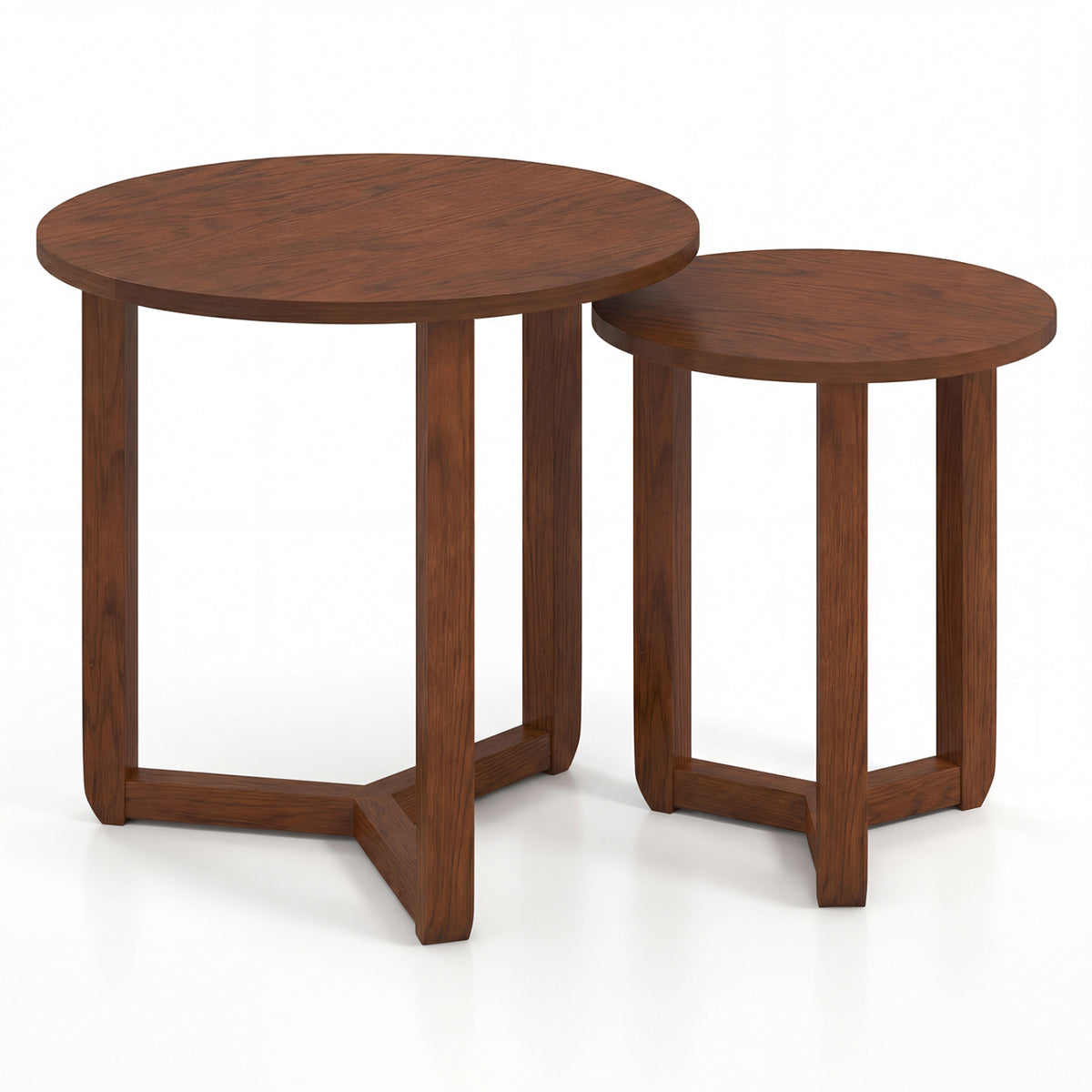 Round Nesting Coffee Table Set of 2 Wood Nesting End Tables with Thickened Top-Walnut