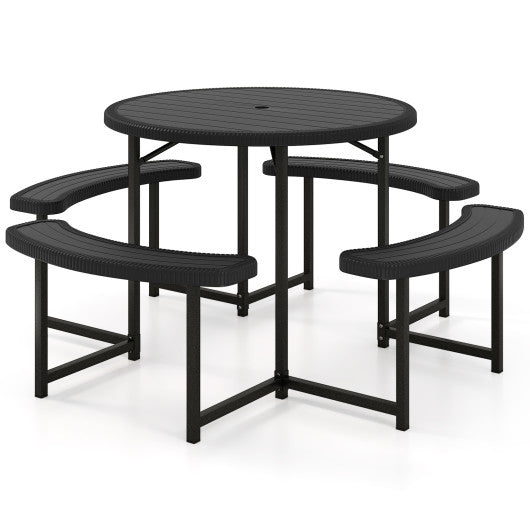 Round Picnic Table Bench Set with 4 Benches and Umbrella Hole for Patio Lawn-Black