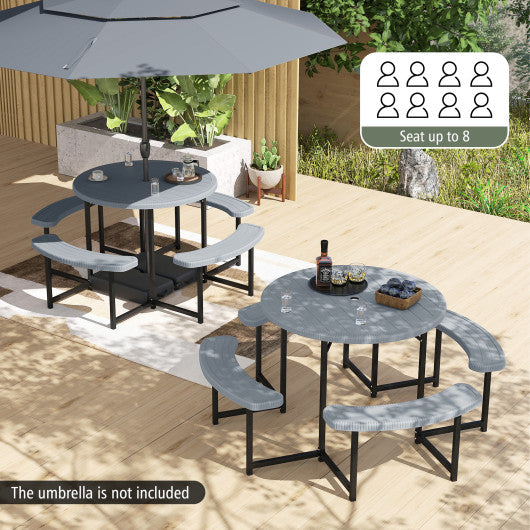 Round Picnic Table Bench Set with 4 Benches and Umbrella Hole for Patio Lawn-Gray