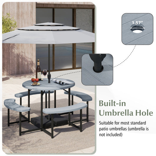 Round Picnic Table Bench Set with 4 Benches and Umbrella Hole for Patio Lawn-Gray