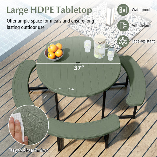 Round Picnic Table Bench Set with 4 Benches and Umbrella Hole for Patio Lawn-White
