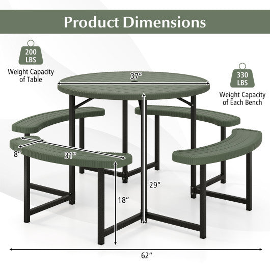 Round Picnic Table Bench Set with 4 Benches and Umbrella Hole for Patio Lawn-Green