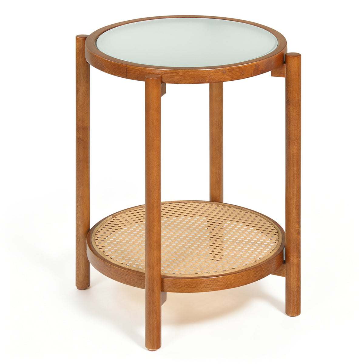Round Side Table 2-Tier Boho End Table with Tempered Glass Top-Walnut