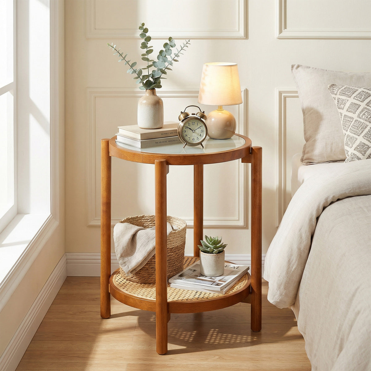 Round Side Table 2-Tier Boho End Table with Tempered Glass Top-Walnut