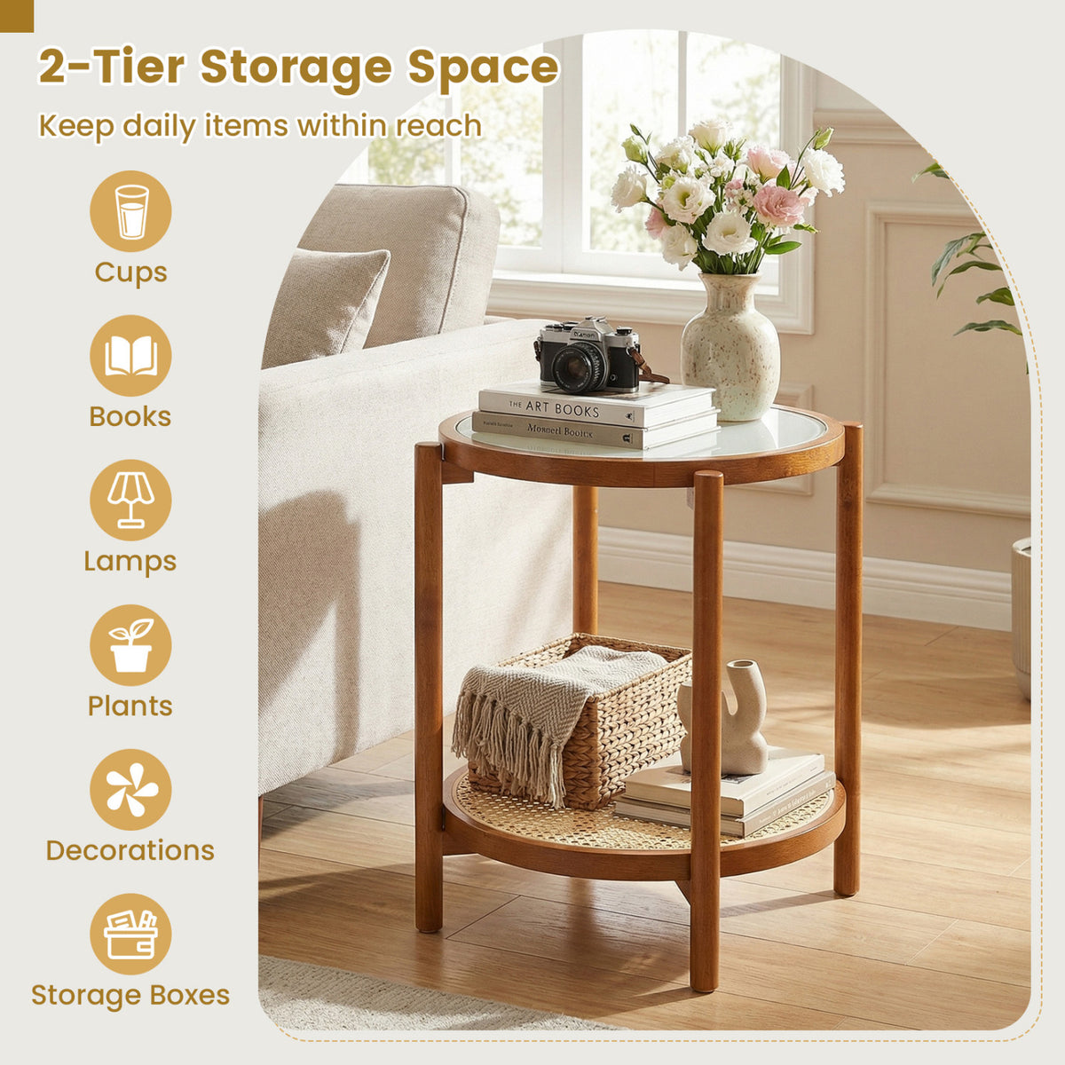Round Side Table 2-Tier Boho End Table with Tempered Glass Top-Walnut