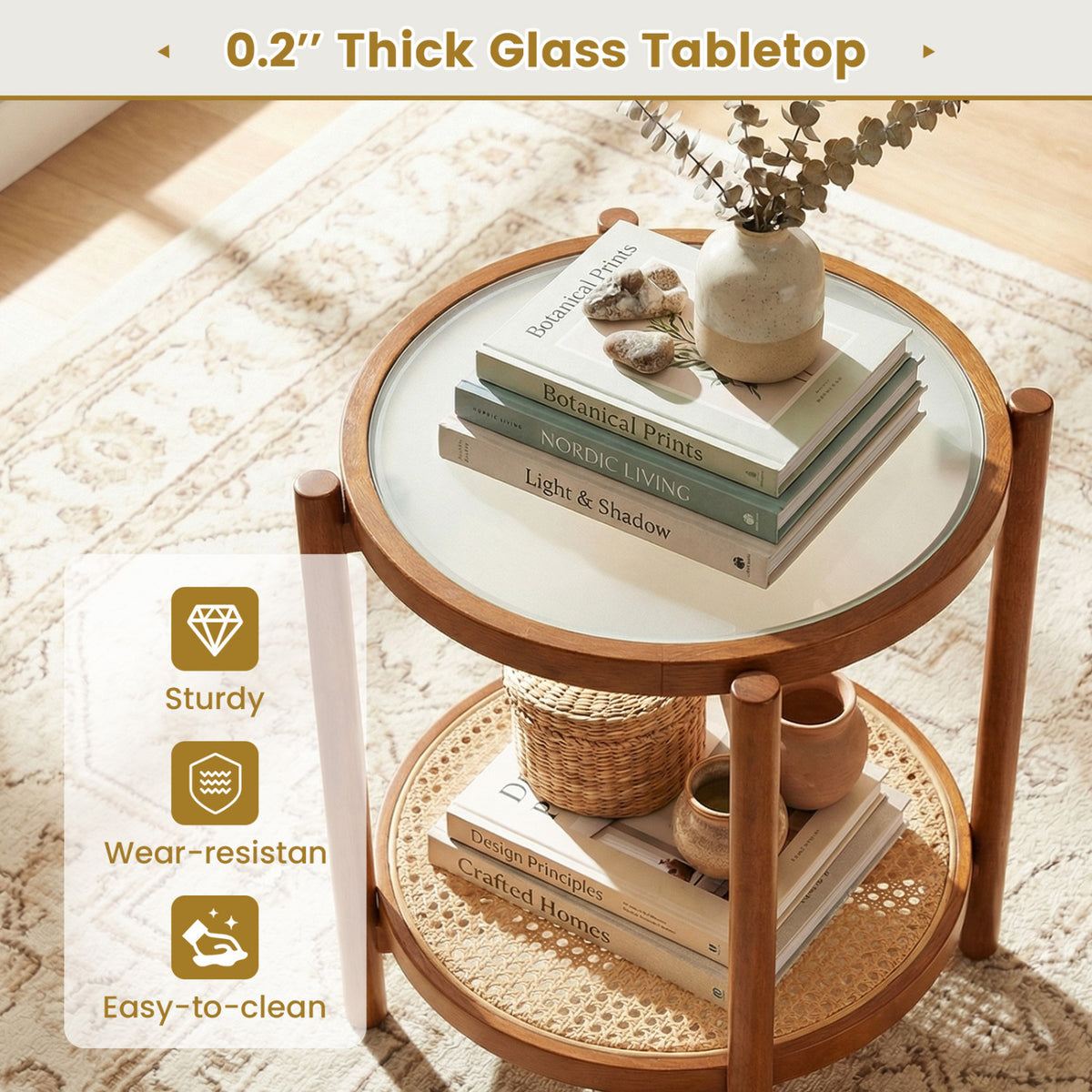 Round Side Table 2-Tier Boho End Table with Tempered Glass Top-Walnut