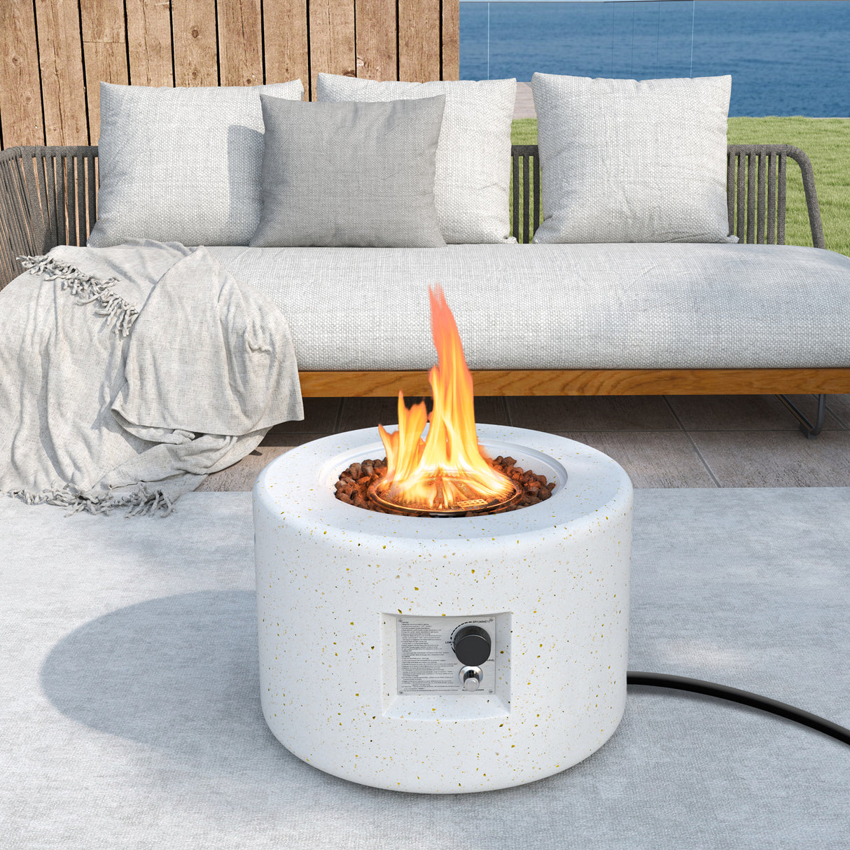 Round Terrazzo Propane Gas Fire Pit Protective PVC Cover Lava Rocks Included