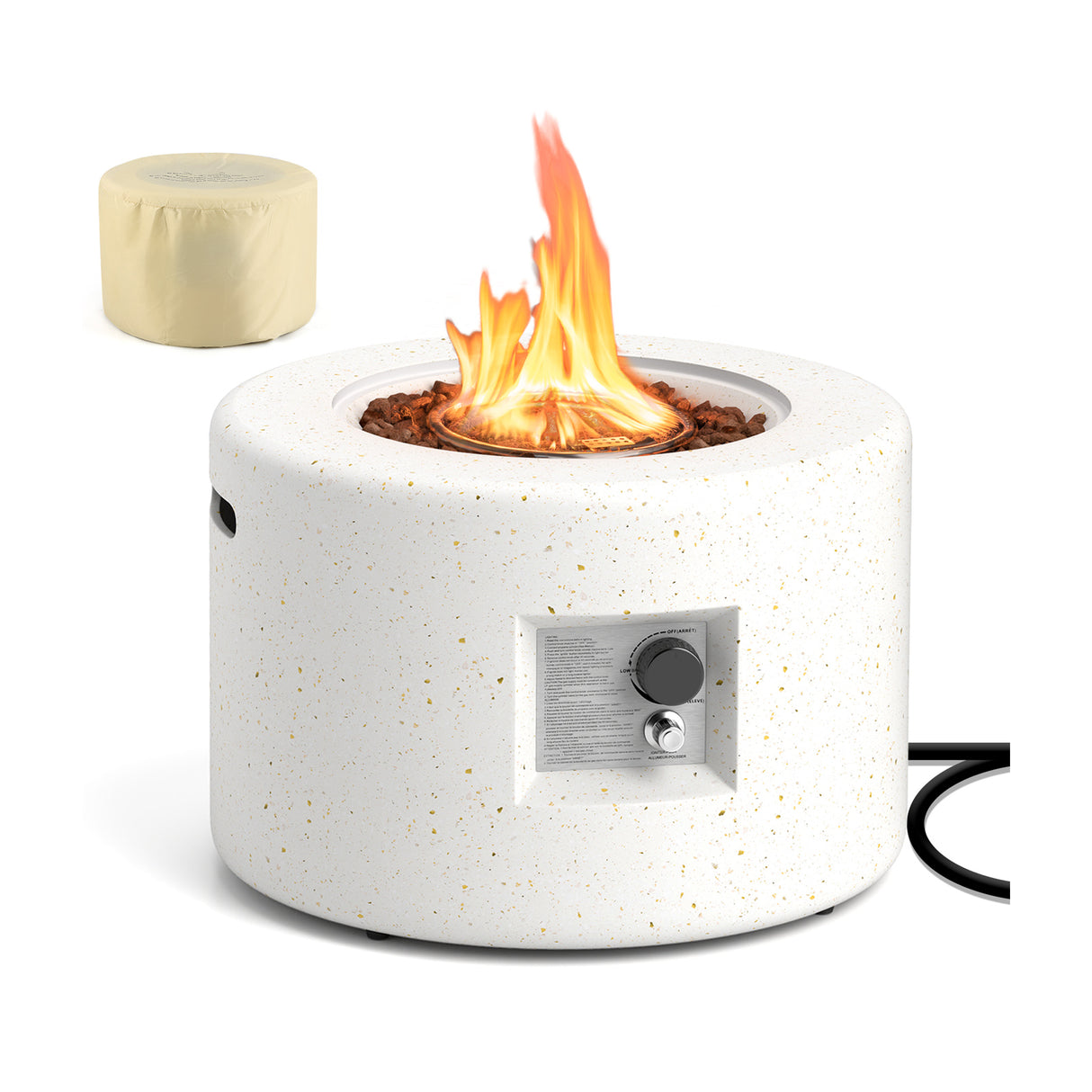 Round Terrazzo Propane Gas Fire Pit Protective PVC Cover Lava Rocks Included