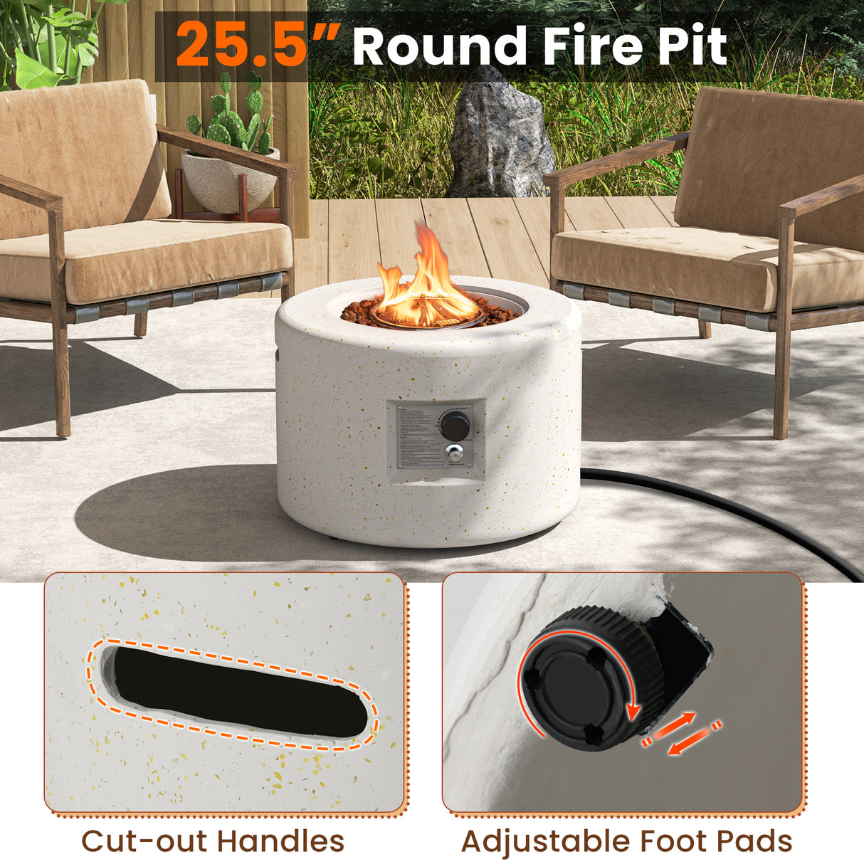 Round Terrazzo Propane Gas Fire Pit Protective PVC Cover Lava Rocks Included
