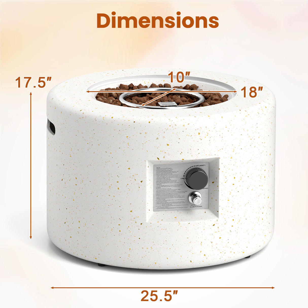 Round Terrazzo Propane Gas Fire Pit Protective PVC Cover Lava Rocks Included