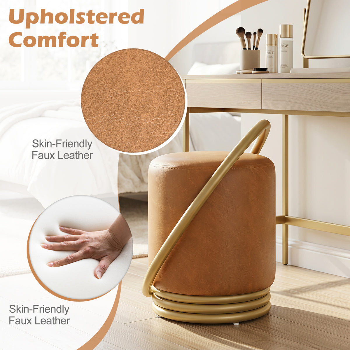 Round Vanity Stool Faux Leather Makeup Chair with Gold Halo Design-Yellow
