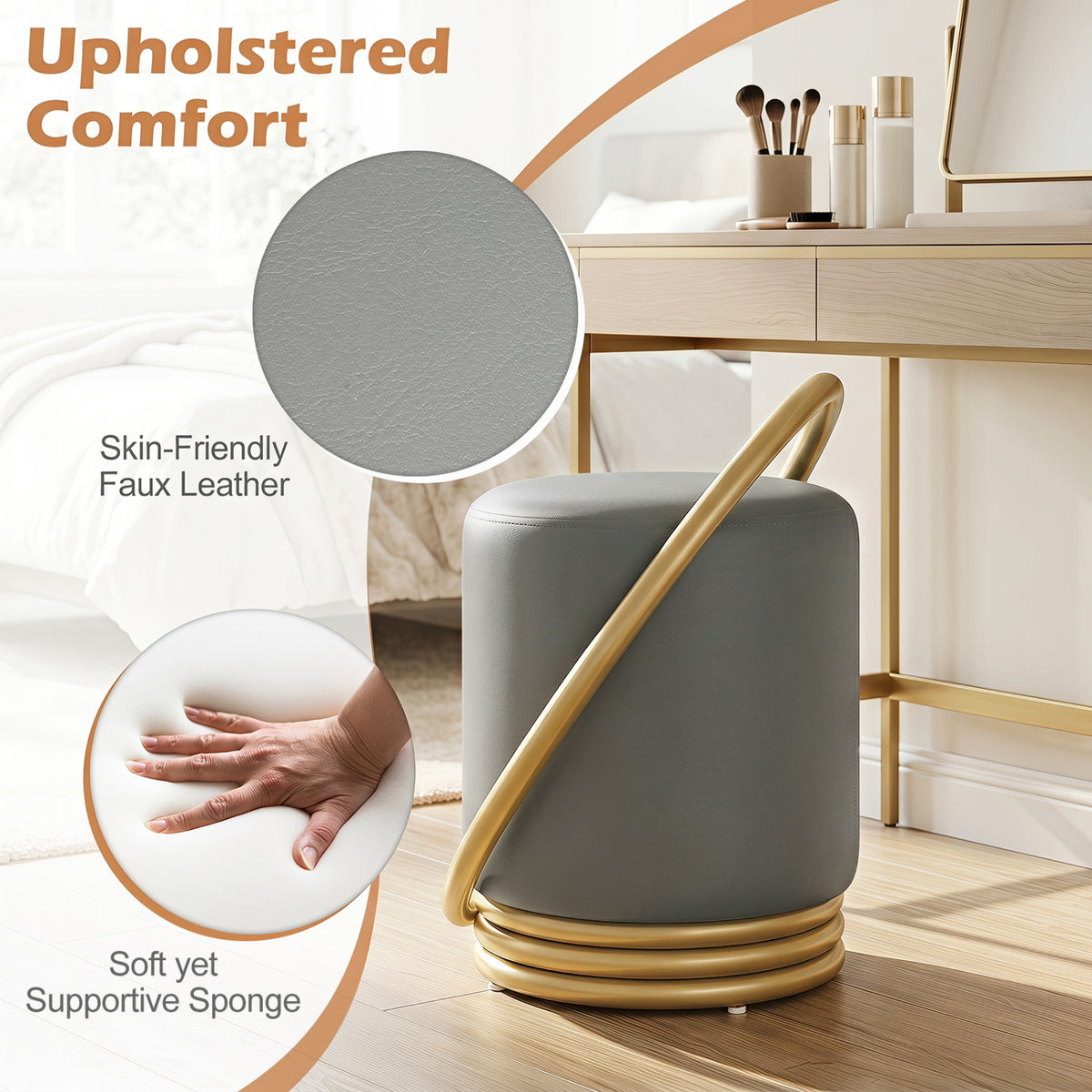 Round Vanity Stool Faux Leather Makeup Chair with Gold Halo Design-Grey