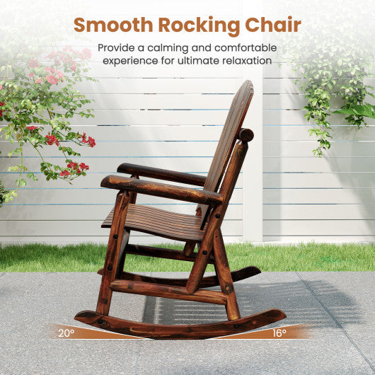 Outdoor Adirondack Rocking Chair for Adults with High Back and Slatted Seat-Brown