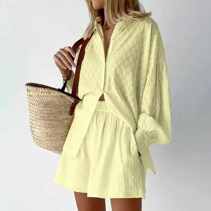 Lantern Sleeve Loose Shirt and Short Set 2 Piece Outfits