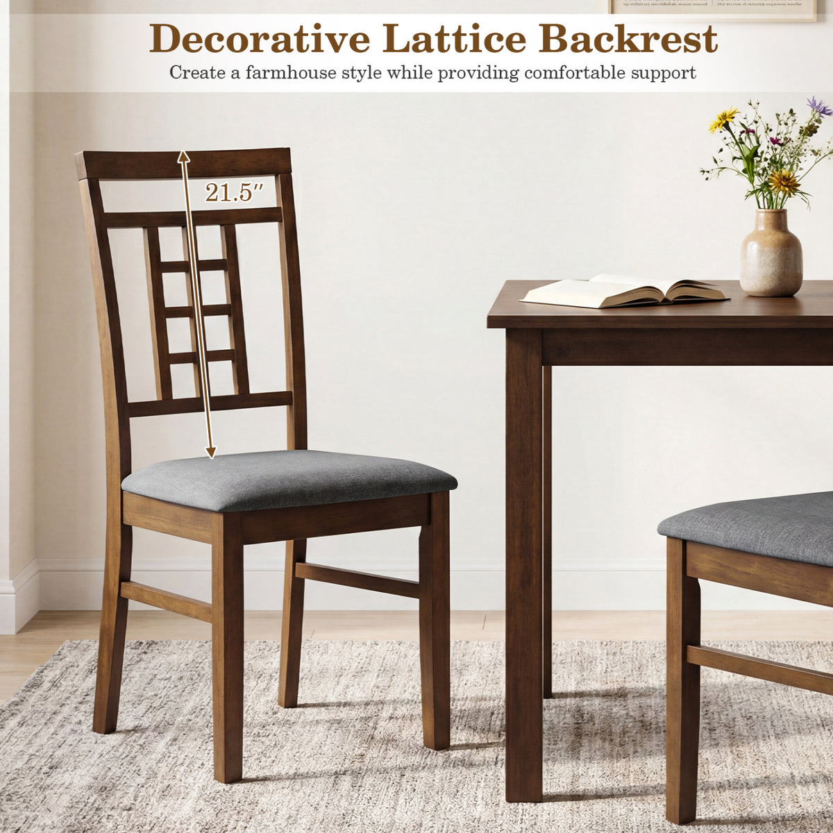 Rubber Wood Dining Chairs Set of 4 with Lattice Back-Brown