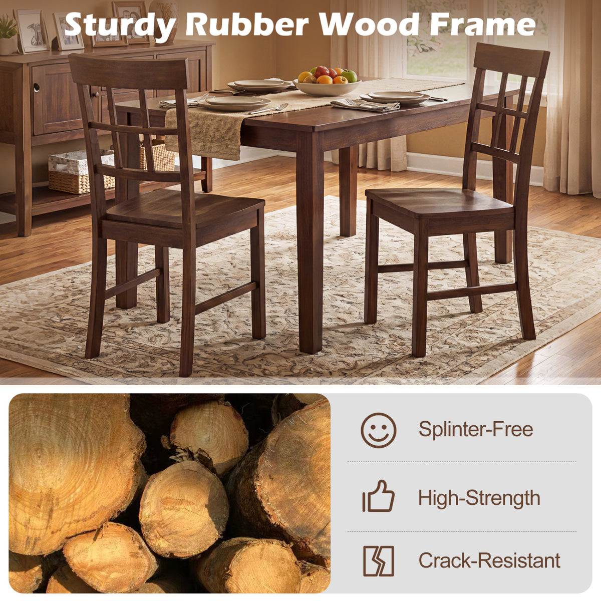 Rubber Wood Dining Chairs Set of 4 with High Backrests-Brown