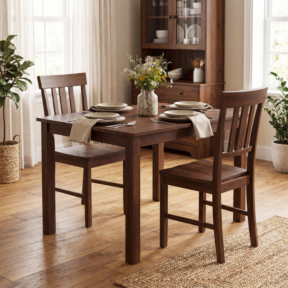 Rubber Wood Dining Chairs Set of 4 with High Slat Backrests-Brown