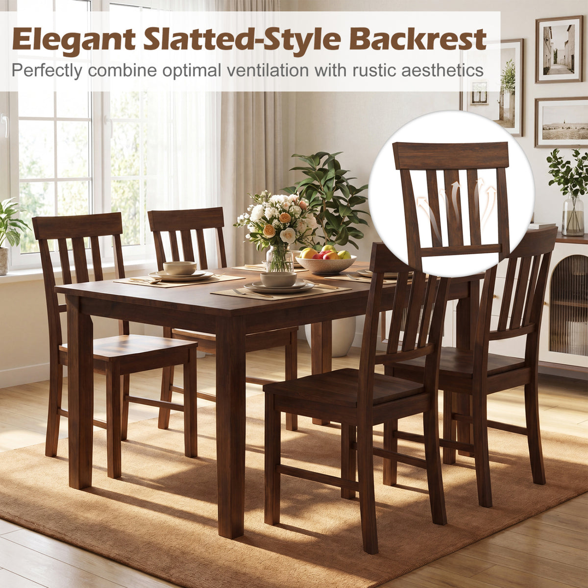 Rubber Wood Dining Chairs Set of 4 with High Slat Backrests-Brown