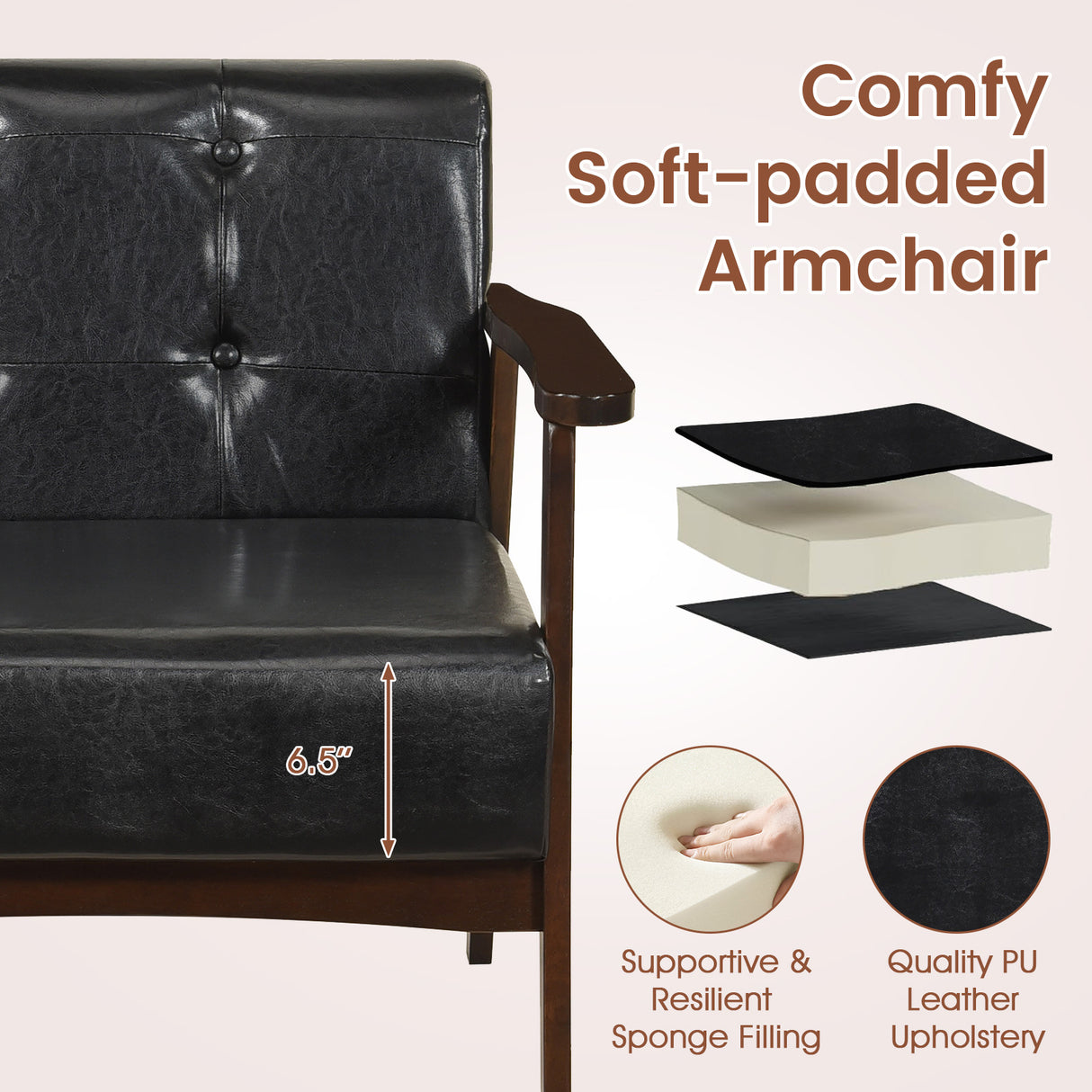 Rubber Wood Frame Accent Chair with Armrest for Living Room-Black