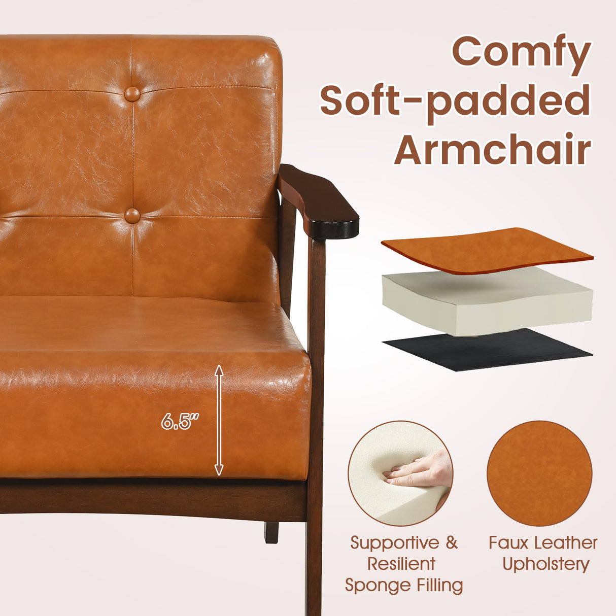 Rubber Wood Frame Accent Chair with Armrest for Living Room-Walnut