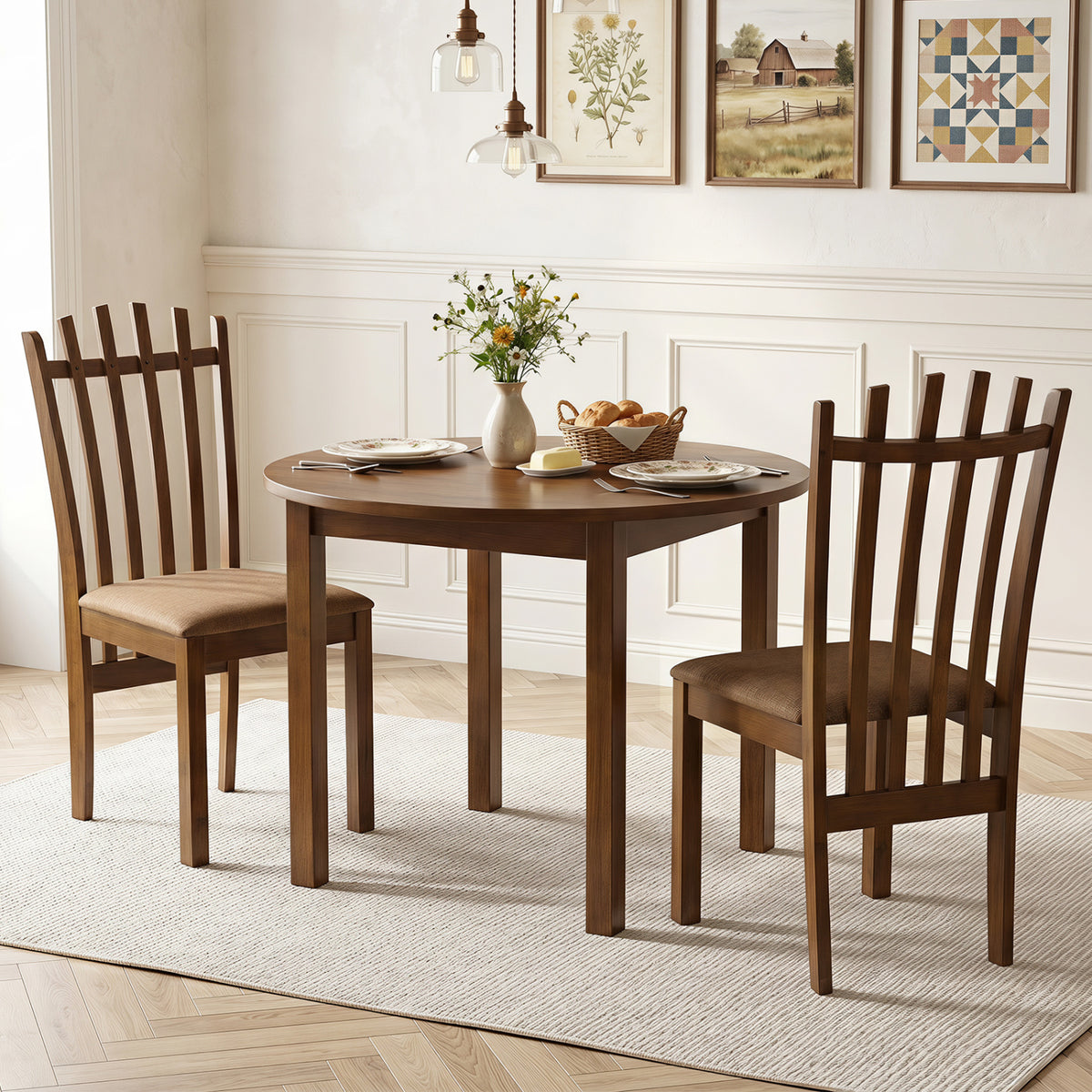 Rubber Wood Slat Back Kitchen Dining Chairs Set of 2-Brown