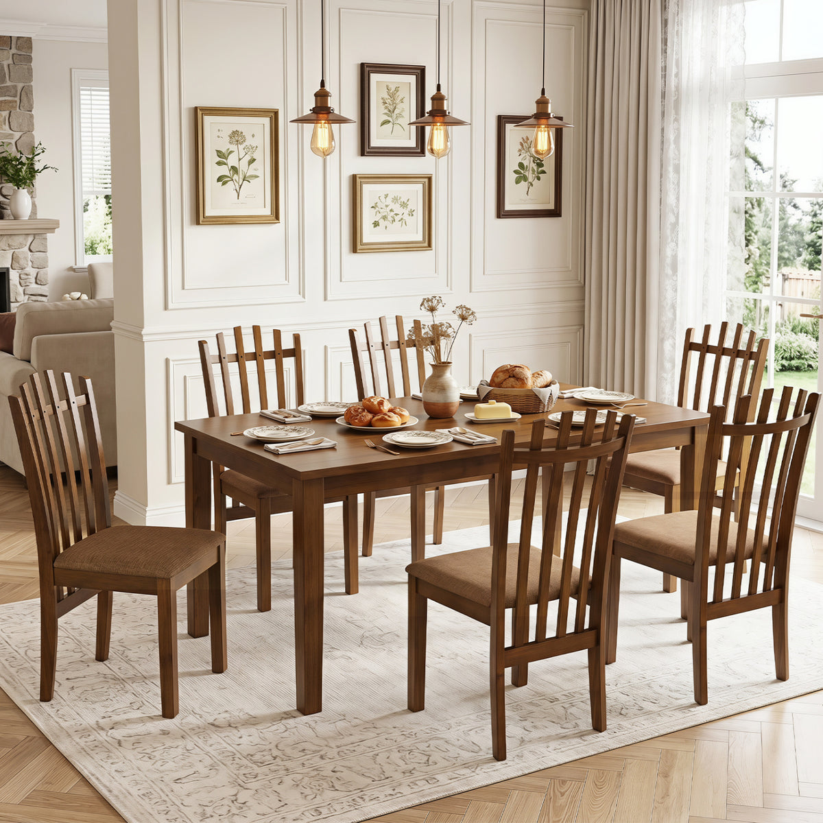 Rubber Wood Slat Back Kitchen Dining Chairs Set of 4-Brown