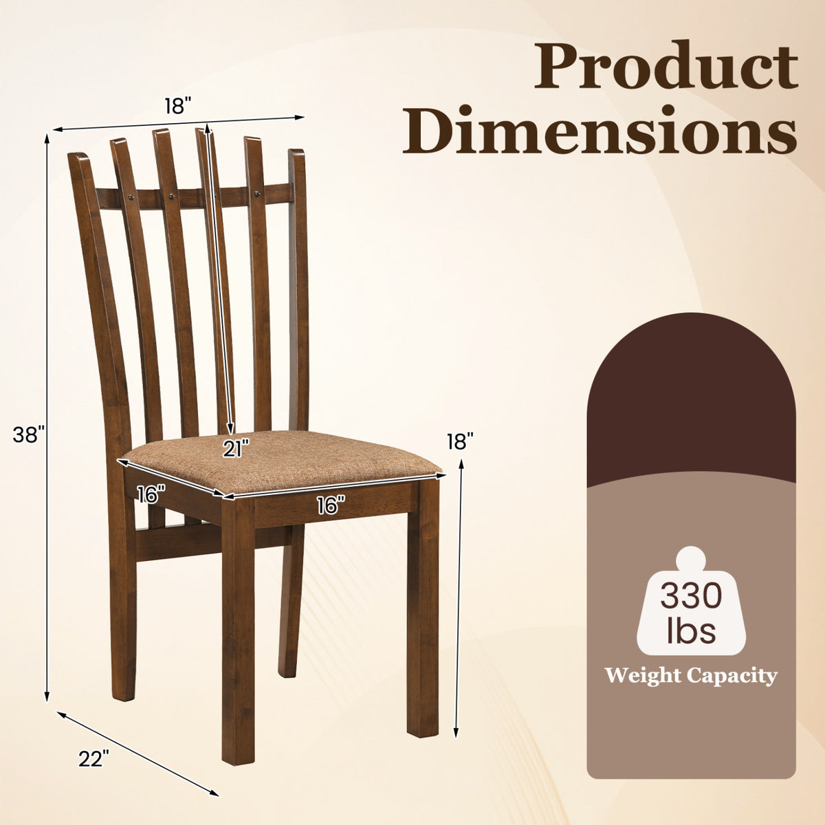 Rubber Wood Slat Back Kitchen Dining Chairs Set of 4-Brown