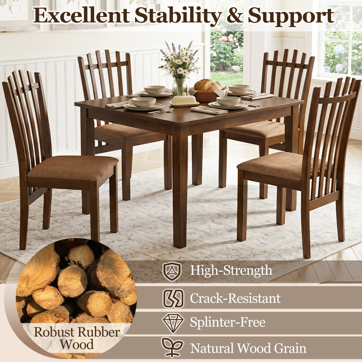 Rubber Wood Slat Back Kitchen Dining Chairs Set of 4-Brown