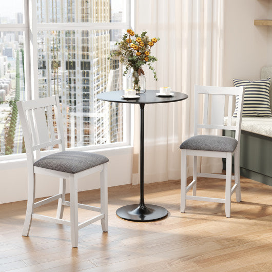 Rubber Wooden Bar Stools Set of 2 with Ergonomic Back and Comfortable Linen Cushion-White