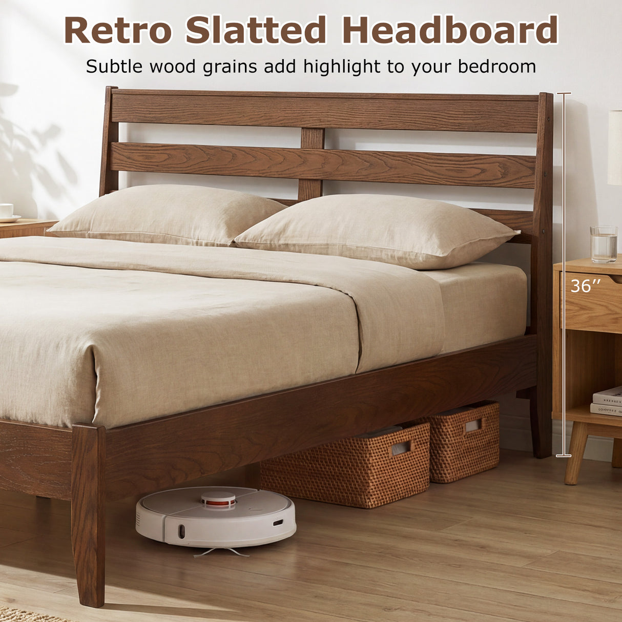 Full Size Wood Platform Bed Frame with Slat Headboard