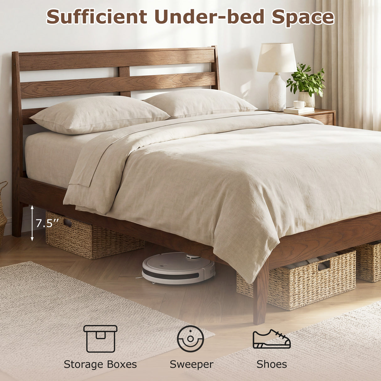 Full Size Wood Platform Bed Frame with Slat Headboard
