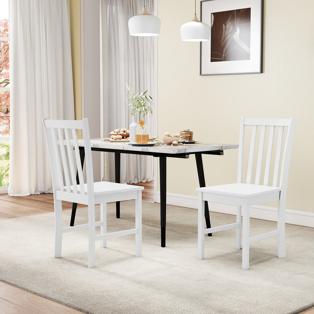 Rustic Dining Chairs Set of 2 Wooden Kitchen Chairs with Slat Tilt Backrest-White