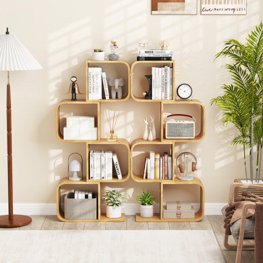 4-Tier S-Shaped Bamboo Bookcase with 4 Open Cubes for Living Room-Natural