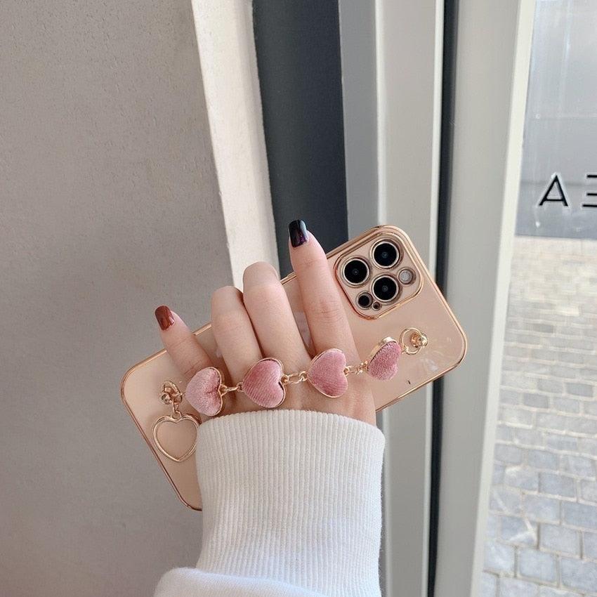 Luxury Women Silicone Phone Case Cover With Wrist Chain Bracelet for iPhone Wristband Bracelet Hand Holder Cover for iPhone 13 12 11 Pro Max plating Case Heart Chain Cases for iPhone 7 8 Plus XR XS Max X