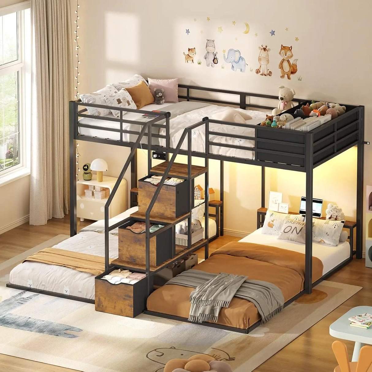 Triple Bunk Bed with Storage Staircase, RGB Lights & Charging Station, Twin Over Twin, Heavy Duty Metal 3 Bunk Beds, Customized