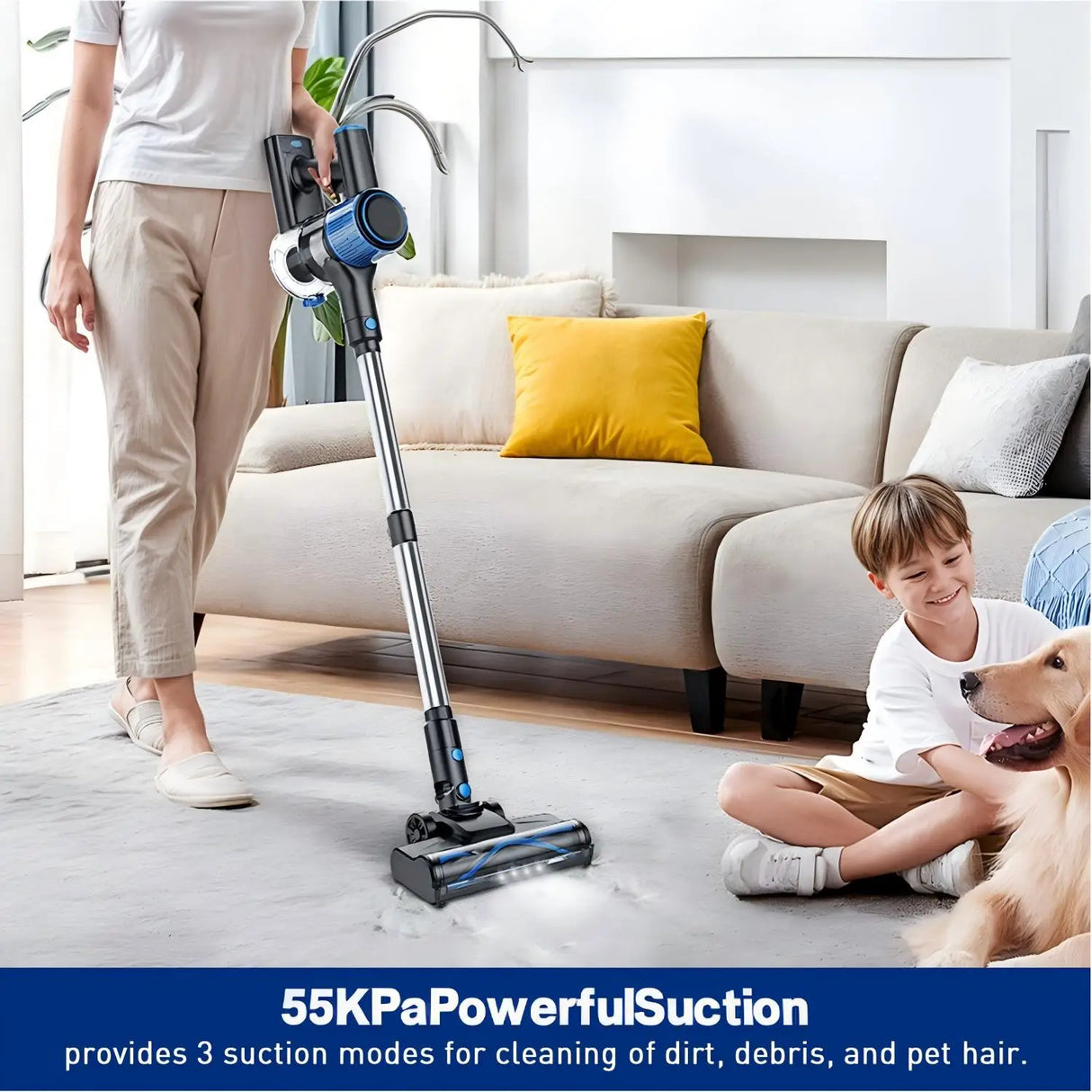 Cordless Vacuum Cleaner,55Kpa/45Mins/8 in 1 Powerful Suction,Self-Standing, 3 Suction Modes, Vacuum for Floor Carpet Pet Hair