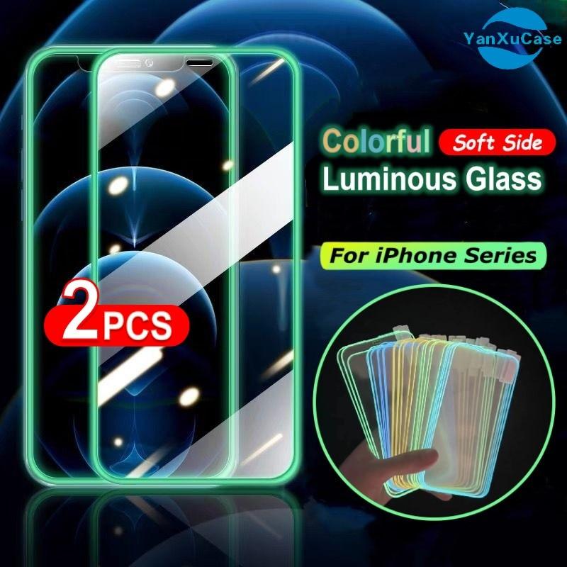 2Pcs Luminous Protective Glass For iPhone 14 13 12 11 Pro Max X XR XS Screen Protector For 7 8 6 Plus SE3 Glowing Tempered Glass Luminous Glowing Tempered Glass Screen Protector for iPhone