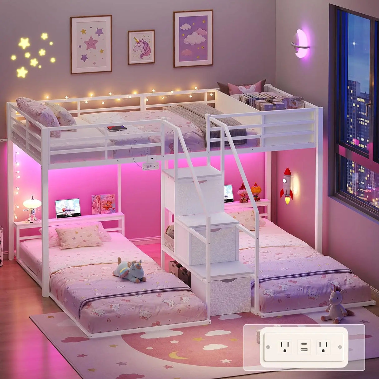 Triple Bunk Bed with Storage Staircase, RGB Lights & Charging Station, Twin Over Twin, Heavy Duty Metal 3 Bunk Beds, Customized