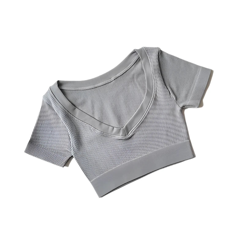 Seamless Yoga Shirts Deep V Neck Short Sleeve