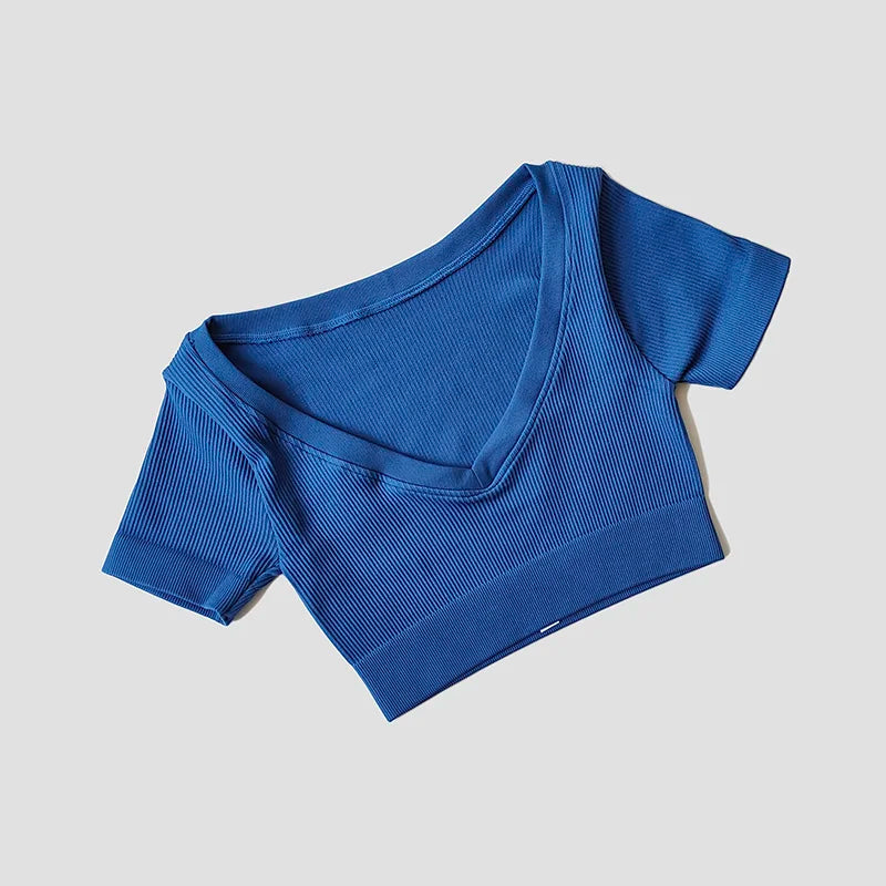 Seamless Yoga Shirts Deep V Neck Short Sleeve