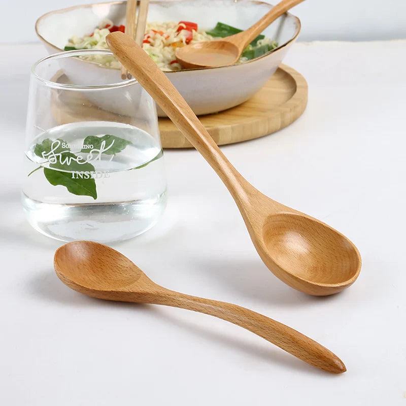 Wooden Ramen Spoon Set - Long Handle, Japanese Style, Cutlery for Porridge & Desserts