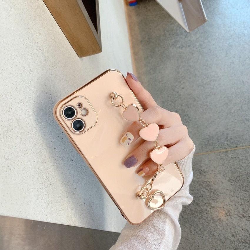 Luxury Women Silicone Phone Case Cover With Wrist Chain Bracelet for iPhone Wristband Bracelet Hand Holder Cover for iPhone 13 12 11 Pro Max plating Case Heart Chain Cases for iPhone 7 8 Plus XR XS Max X