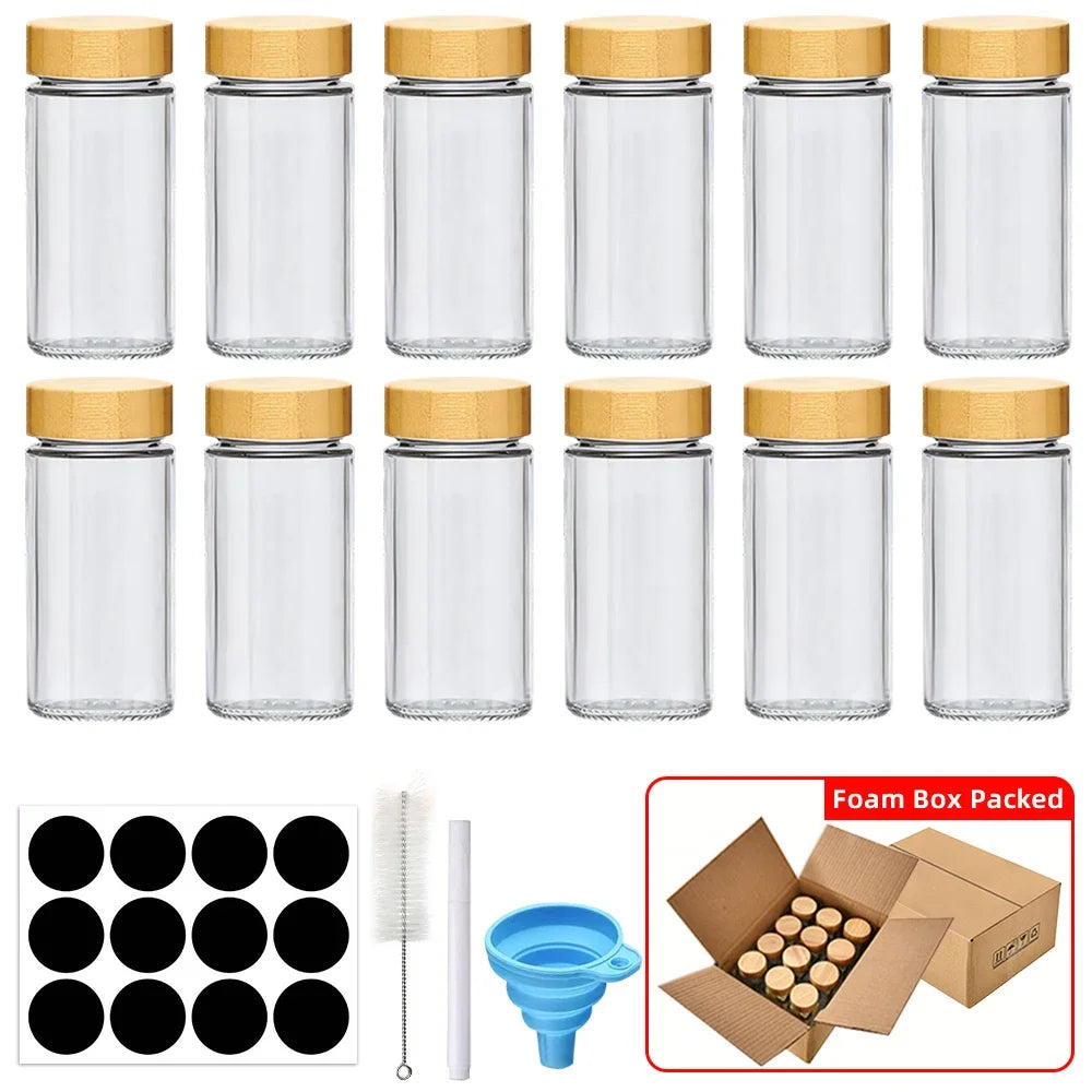 12 Glass Spice Jars with Bamboo Lids, Labels, and Funnel Set