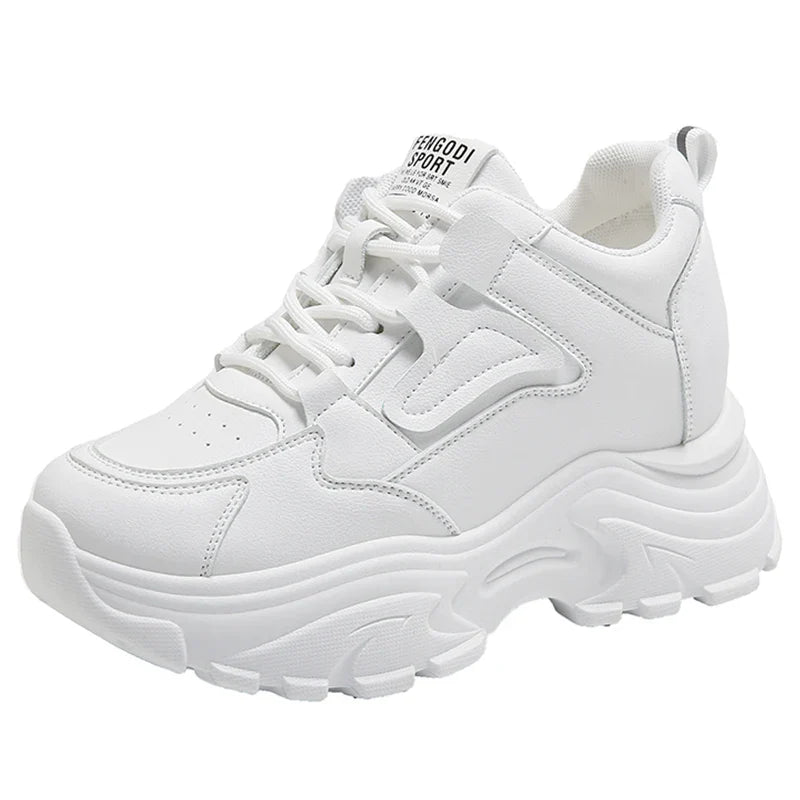 Women's White Platform Sneakers Lace Up Thick Sole Breathable