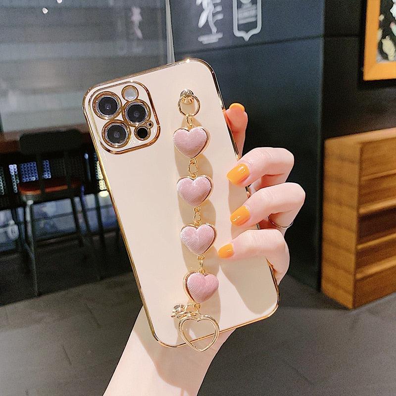 Luxury Women Silicone Phone Case Cover With Wrist Chain Bracelet for iPhone Wristband Bracelet Hand Holder Cover for iPhone 13 12 11 Pro Max plating Case Heart Chain Cases for iPhone 7 8 Plus XR XS Max X