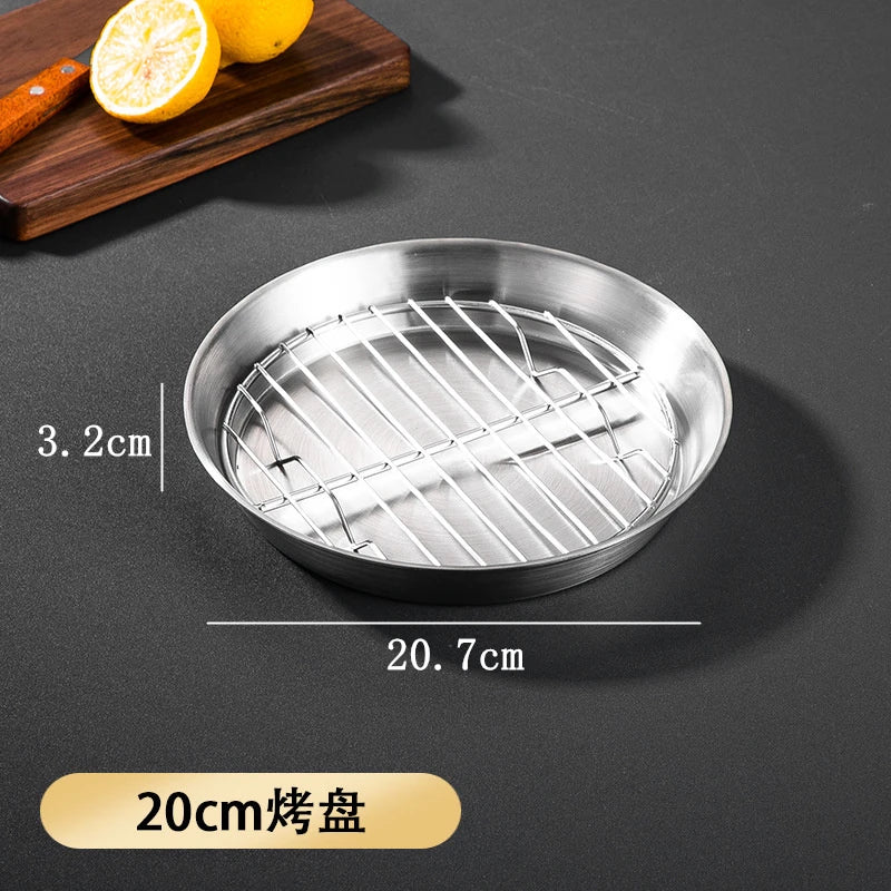 Stainless Steel Round Baking Tray with Grid Barbecue Pan Food Storage Plate
