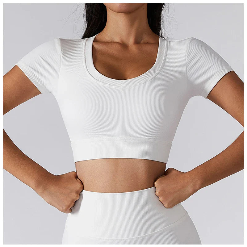 Seamless Yoga Shirts Deep V Neck Short Sleeve