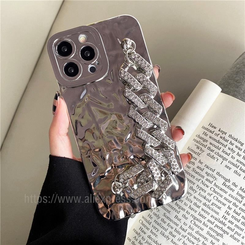 Luxury Gold Plating Electroplated Bracelet Cute Compatible with iPhone Diamond Case Luxury Sparkle Glitter Rhinestone Phone Case For iPhone 14 13 Promax 11 12 Pro Max Mini Xs Max XR 8 7 Plus Mirror Cover